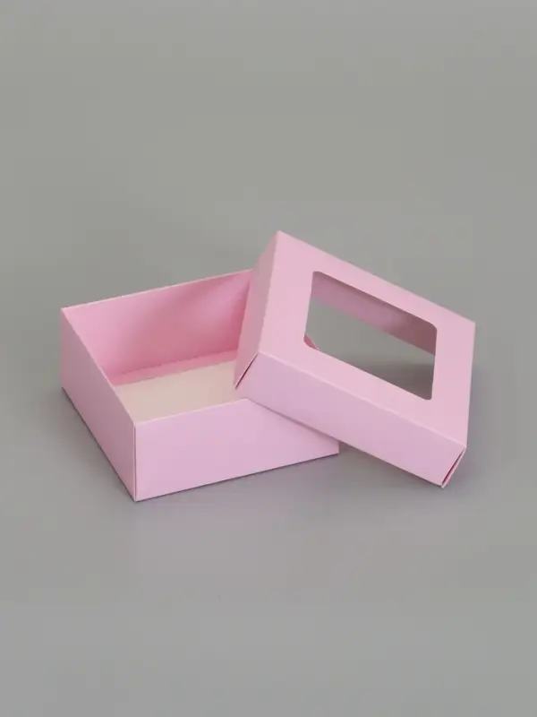 Коробка складная, крышка-дно,с окном, розовая, 12 х 12 х 5 см