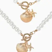 Набор 2 пред-та: бусы.браслет "Жемчуг", ракушка вонголе, цвет белый в золоте L=18/42см №8