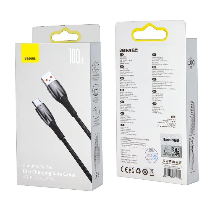 Кабель USB Type-C 2M 2.4A 100W Glimmer series Baseus черный CADH000501 Кабель USB Type-C 2M 2.4A 100W Glimmer series Baseus черный CADH000501