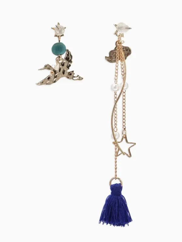 Серьги с жемчугом &laquo;Япония&raquo;, аист и звёзды, цветные в золоте