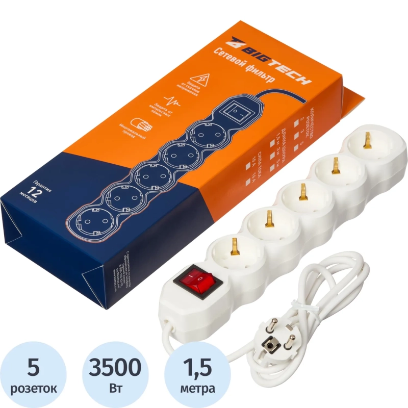 Сетевой фильтр BigTech ST516-1,5-W(5р/1,5м/16А/3,5кВт/3х1 мм2/белый)