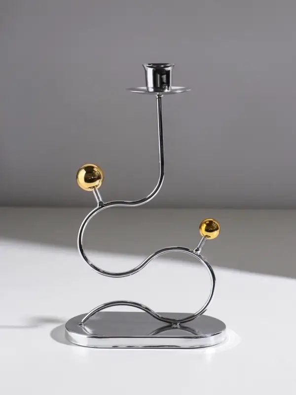 Подсвечник металл на 1 свечу  Подсвечник металл на 1 свечу "Линия и шарики" серебро с золотом d=2,5 см 14,5х7,5х26 см