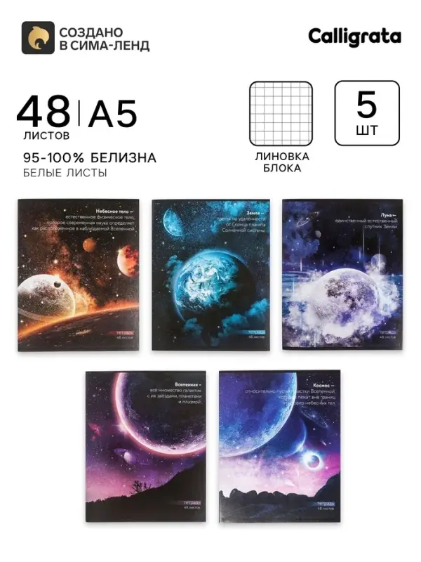 Тетради 5 штук, 48 листов в клетку Calligrata &laquo;Космос&raquo;, обложка мелованный картон, блок офсет