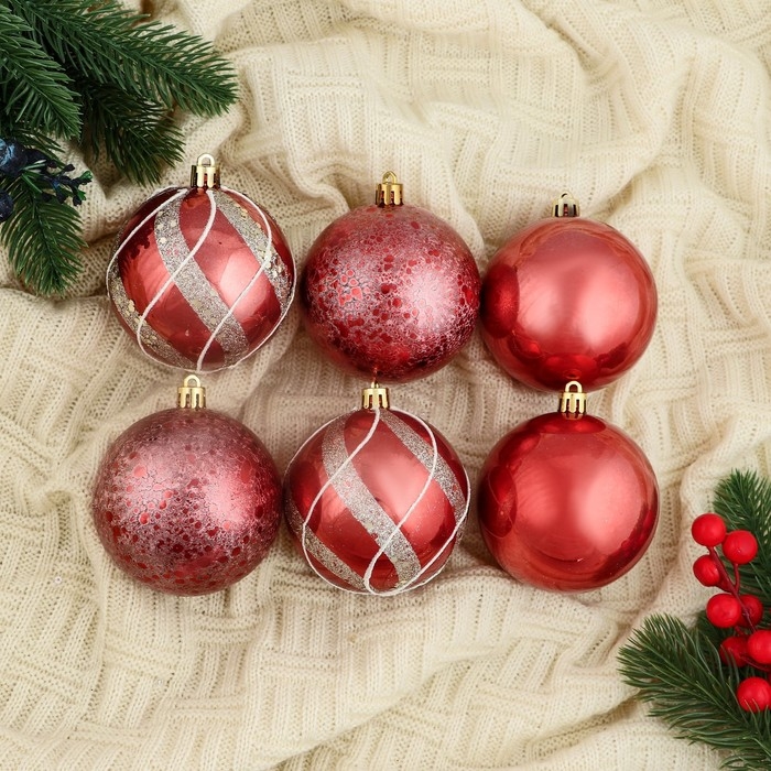 Набор шаров пластик d-8 см, 6 шт Набор шаров пластик d-8 см, 6 шт "Эйвери" полосы, серебристо-красный