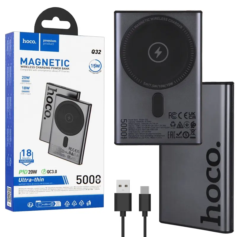 Внешний аккумулятор Q32 5000 mah 20W Magnetic HOCO серый Внешний аккумулятор Q32 5000 mah 20W Magnetic HOCO серый