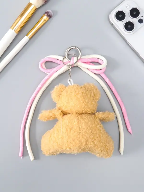 Брелок текстиль "Мишка с бело-розовым бантиком" бежевый 6х9,5х20 см