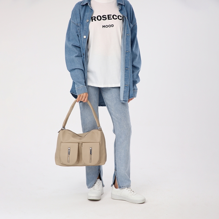 Сумка-тоут на молнии, 3 наружных кармана, цвет бежевый