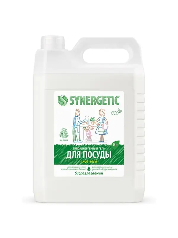 Средство для мытья посуды Synergetic, антибактериальный гель, биоразлагаемый, алоэ вера, 5 л