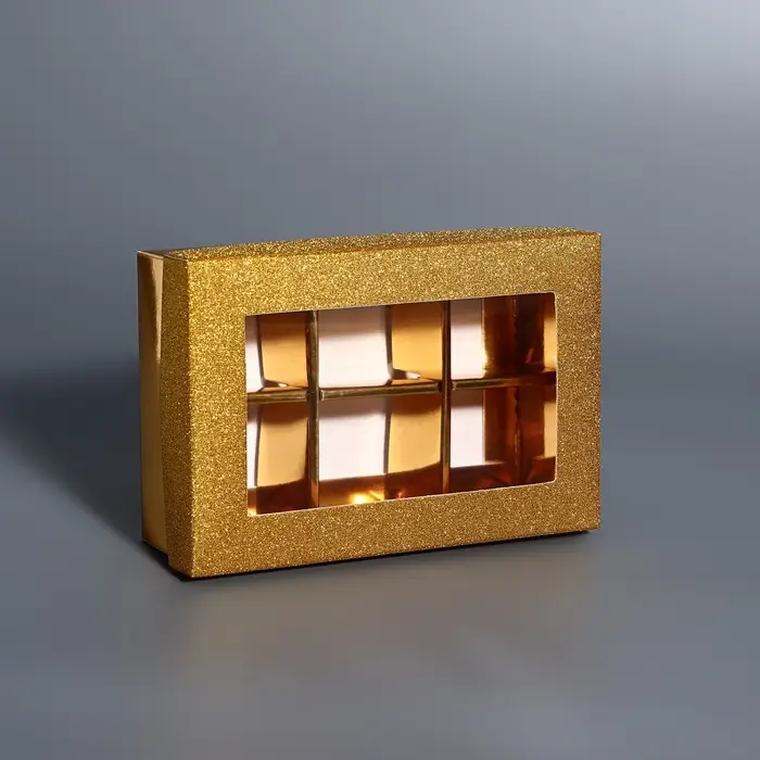Коробка подарочная для 6 конфет золото глиттер, с окном, 12&times;8.5&times;4 см