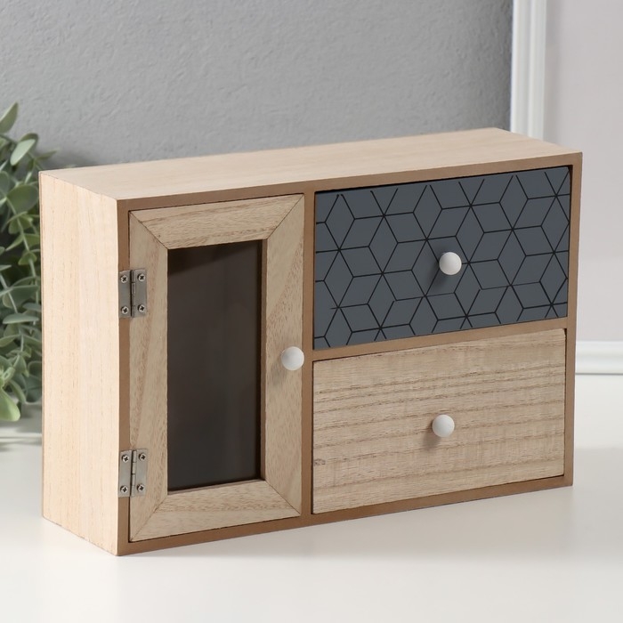 Шкатулка дерево 2 ящика и дверца  Шкатулка дерево 2 ящика и дверца "Геометрия" беж с чёрным 9,5х28х18,5 см
