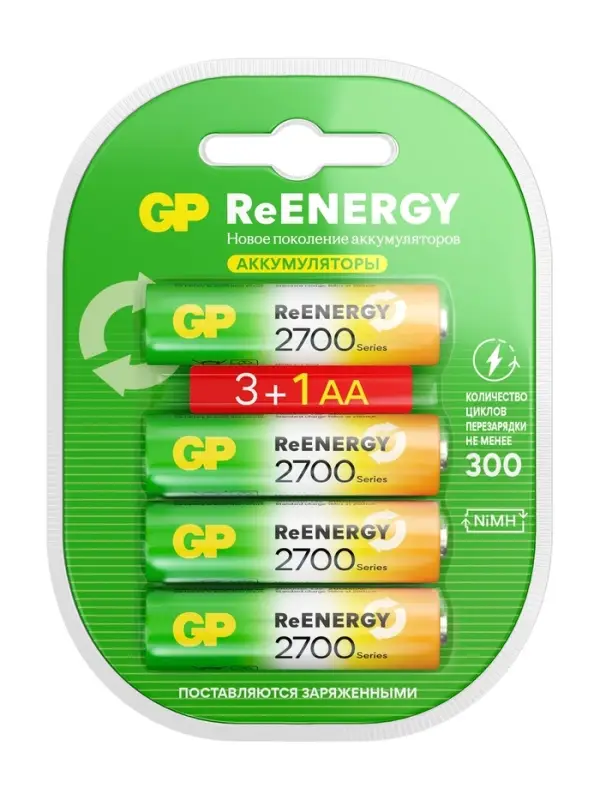 Аккумулятор GP, Ni-Mh, AA, HR6-4BL, 1.2В, 2700 мАч, блистер, 4 шт. Аккумулятор GP, Ni-Mh, AA, HR6-4BL, 1.2В, 2700 мАч, блистер, 4 шт.