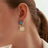 Серьги акрил &laquo;Стиль&raquo;, овал+квадрат, объёмные, бело-голубые в золоте