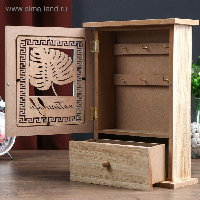 Ключница дерево 6 крючков с ящиком Ключница дерево 6 крючков с ящиком "Пальмовый лист и греческий узор" 29,5х21х8 см