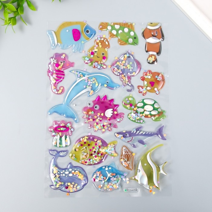 Наклейка пластик объёмные с глиттером Наклейка пластик объёмные с глиттером "Динозавры/Рыбы" золото/серебро МИКС