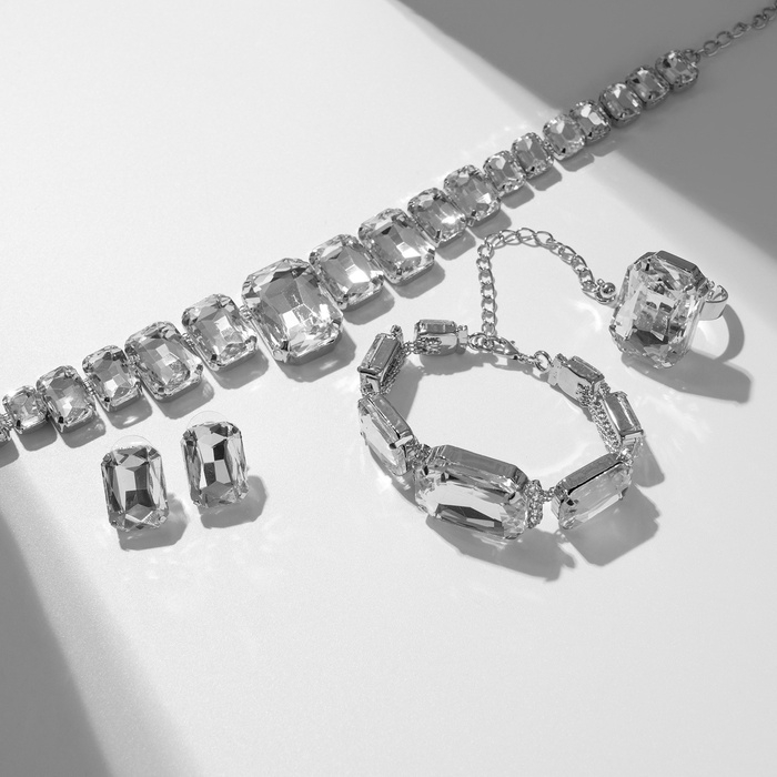 Набор 4 предмета: серьги, колье, браслет, кольцо «Вечерний» объём, белый в серебре Набор 4 предмета: серьги, колье, браслет, кольцо «Вечерний» объём, белый в серебре