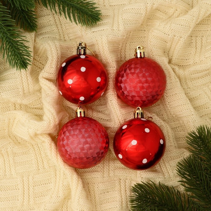 Набор шаров пластик d-5,5 см, 4 шт Набор шаров пластик d-5,5 см, 4 шт "Новогодние забавы" горошек, красный