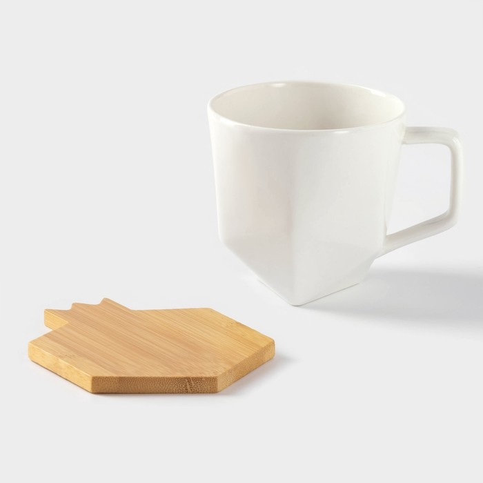 Набор фарфоровых кружек на бамбуковой подставке BellaTenero, 4 предмета: 2 кружки 220 мл, 2 подставки, цвет белый