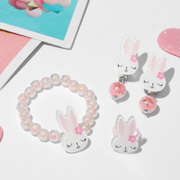 Набор детский «Выбражулька» 3 предмета: клипсы, браслет, кольцо, зайчики, цветной Набор детский «Выбражулька» 3 предмета: клипсы, браслет, кольцо, зайчики, цветной