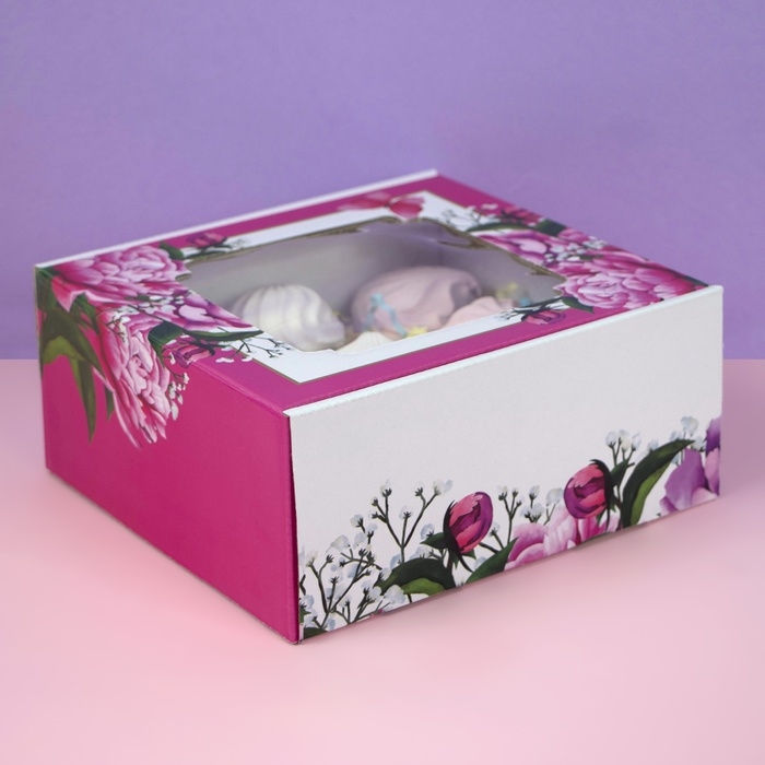 Коробка самосборная, с окном, Коробка самосборная, с окном, "Весенние пионы", 19 х 19 х 9 см
