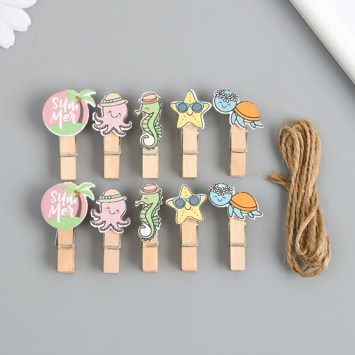 Декор для творчества дерево Декор для творчества дерево "Прищепка. Морские животные в отпуске" набор 10 шт 4х2х1,2 см