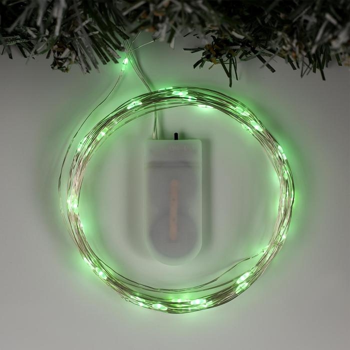 Гирлянда «Нить» 5 м роса, IP20, серебристая нить, 50 LED, батарейки CR2032х2 (в комплекте), свечение зелёное Гирлянда «Нить» 5 м роса, IP20, серебристая нить, 50 LED, батарейки CR2032х2 (в комплекте), свечение зелёное