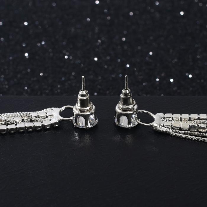 Серьги висячие со стразами «Вечерние» нить и россыпь, цвет белый в серебре, 8,5 см Серьги висячие со стразами «Вечерние» нить и россыпь, цвет белый в серебре, 8,5 см