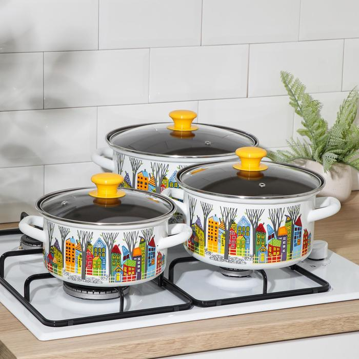 Набор кастрюль «Домики-1-Экстра», 3 предмета: 2,3 л, 3 л, 4 л, крышки, индукция