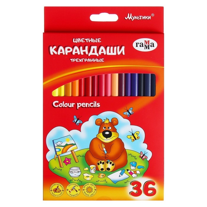 Карандаши 36 цветов Гамма Карандаши 36 цветов Гамма "Классические", трёхгранные, d=2.6 мм, картонная упаковка, европодвес 050918_10