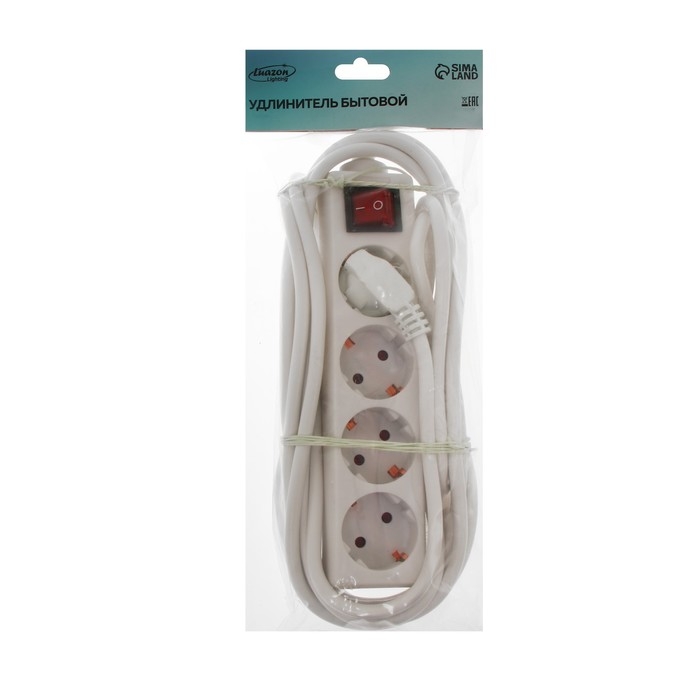Удлинитель Luazon Lighting, 4 розетки, 5 м, 10 А, 2200 Вт, 3х1.5 мм2, с з/к, с выкл., Б Удлинитель Luazon Lighting, 4 розетки, 5 м, 10 А, 2200 Вт, 3х1.5 мм2, с з/к, с выкл., Б