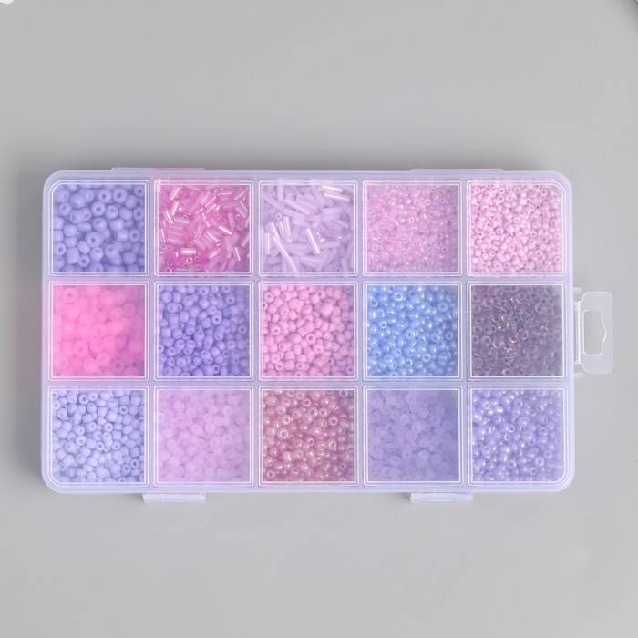 Бисер стекло 6/0, 8/0, 12/0 в шкатулке  Бисер стекло 6/0, 8/0, 12/0 в шкатулке "Сиреневый" стеклярус 15,5х9,5х1,6 см