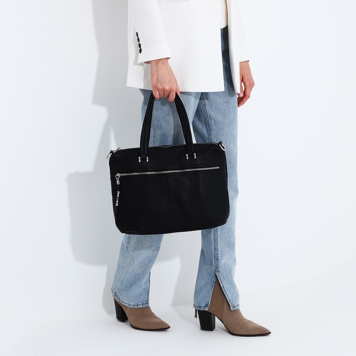 Сумка-тоут на молнии, 2 наружных кармана, цвет чёрный