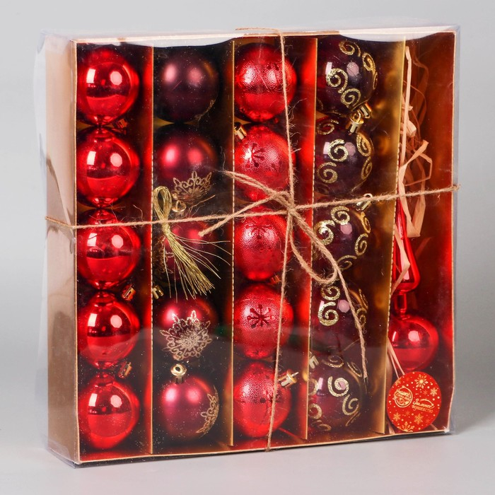 Набор шаров пластик с верхушкой 21 шт Набор шаров пластик с верхушкой 21 шт "Новогодний" (20 шаров d-6 см, верхушка) красный