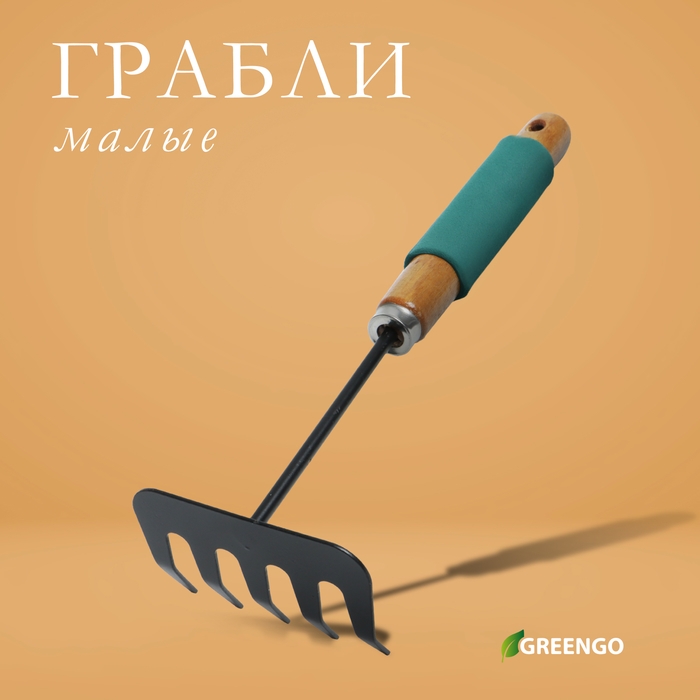 Грабли малые, прямые, 5 зубцов, длина 29 см, металл, деревянная ручка с поролоном, Greengo Грабли малые, прямые, 5 зубцов, длина 29 см, металл, деревянная ручка с поролоном, Greengo