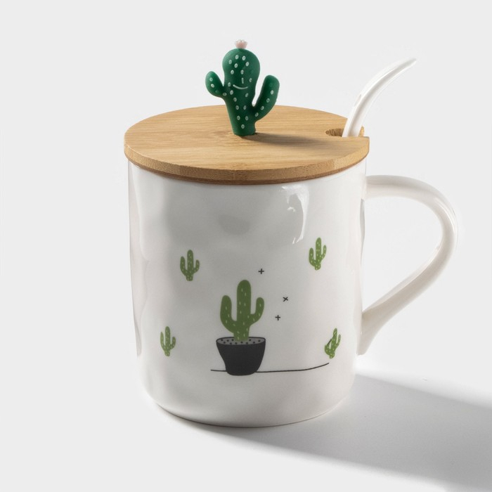 Кружка керамическая с деревянной крышкой и ложкой &laquo;Кактус&raquo;, 380 мл, цвет МИКС