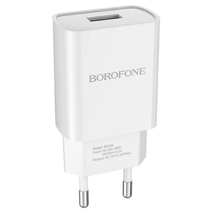 Сетевое зарядное устройство Borofone BA20A, 1 USB, 2.1 А, белое Сетевое зарядное устройство Borofone BA20A, 1 USB, 2.1 А, белое