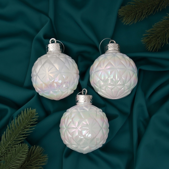 Набор шаров пластик d-8 см, 3 шт Набор шаров пластик d-8 см, 3 шт "Перелив" сеточка, белый перламутр