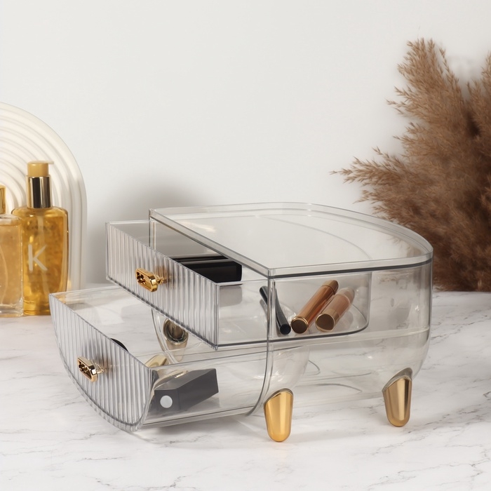 Органайзер для хранения, 2 секции, 28,5 × 18,5 × 14,5 см, цвет прозрачный/золотистый Органайзер для хранения, 2 секции, 28,5 × 18,5 × 14,5 см, цвет прозрачный/золотистый