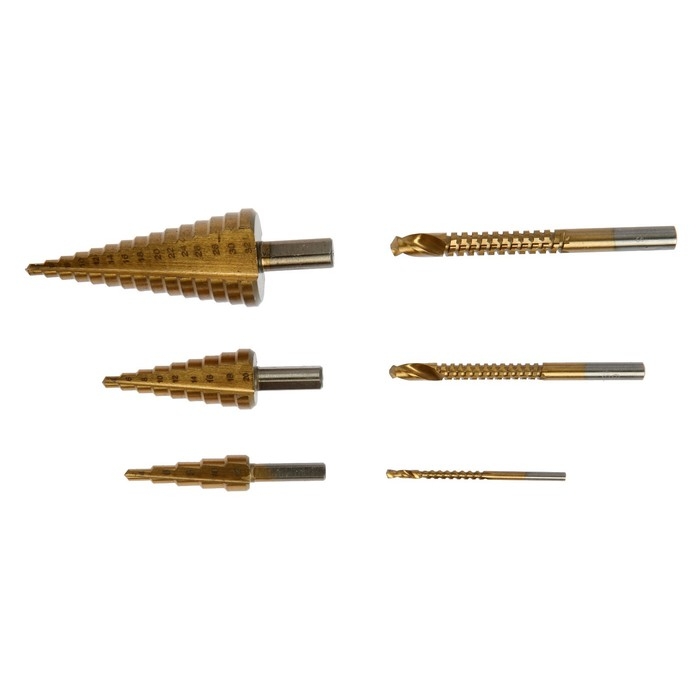 Набор сверл ступенчатых и фрезерных ТУНДРА, HSS, TIN, 4-12 мм, 4-20 мм, 4-32 мм, 3/6/8 мм Набор сверл ступенчатых и фрезерных ТУНДРА, HSS, TIN, 4-12 мм, 4-20 мм, 4-32 мм, 3/6/8 мм