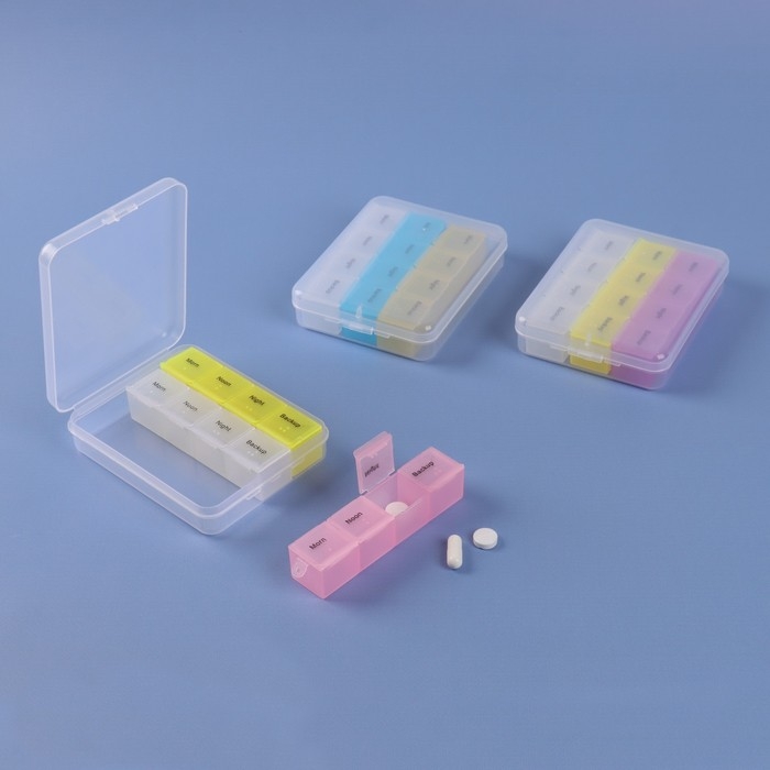 Таблетница - органайзер, английские буквы, утро/день/вечер/ночь, 3 контейнера по 4 секции, цвет МИКС Таблетница - органайзер, английские буквы, утро/день/вечер/ночь, 3 контейнера по 4 секции, цвет МИКС