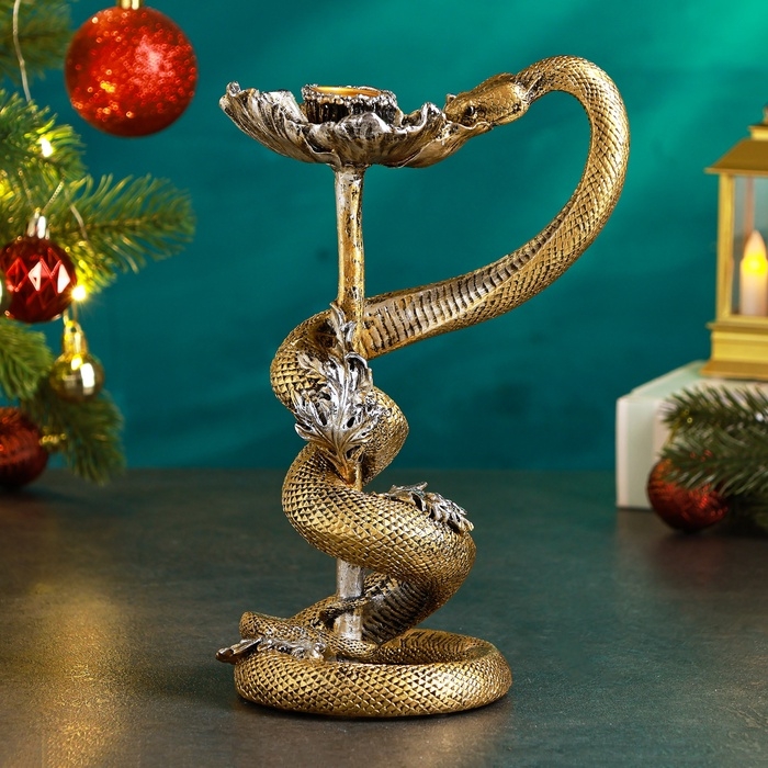 Новый год. Символ 2025. Подсвечник новогодний "Мак и змея" 11х14х24см, золото