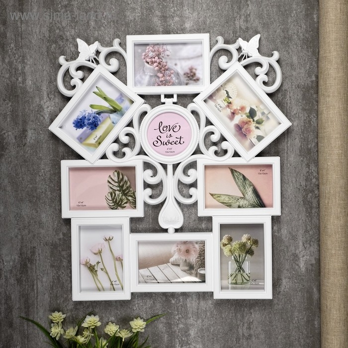 Фоторамка пластик на 9 фото 10х10, 10х15 см  Фоторамка пластик на 9 фото 10х10, 10х15 см "Узоры" белая 54х49 см