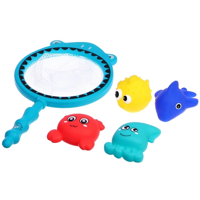 Резиновые игрушки, для купания в ванной, набор, с сачком, МИКС Резиновые игрушки, для купания в ванной, набор, с сачком, МИКС
