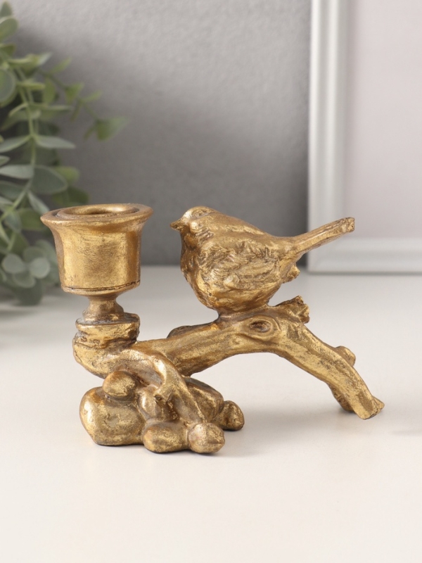Подсвечник полистоун на 1 свечу "Воробышек на коряге" состаренное золото 14х6,5х8,8 см