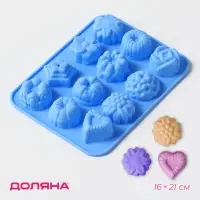 Форма для выпечки Доляна &laquo;Немецкий кекс, роза&raquo;, силикон, 16&times;21 см, 12 ячеек (d=4.2 см), голубая