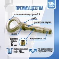 Анкерный болт ЛОМ, с кольцом, оцинкованный, 8х45 мм, 100 шт