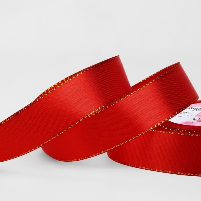Лента атласная &laquo;Золотые нити&raquo;, 25 мм &times; 23 &plusmn; 1 м, цвет красный №026
