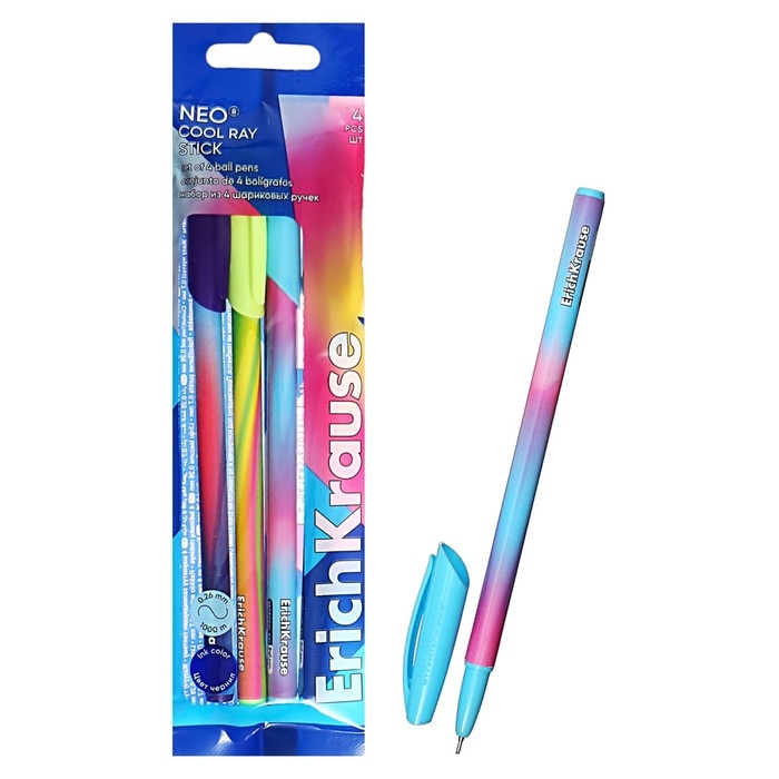 Набор ручек шариковых 4 шт, ErichKrause, Набор ручек шариковых 4 шт, ErichKrause, "Neo Stick Cool Ray" узел 0.7 мм цвет синяя