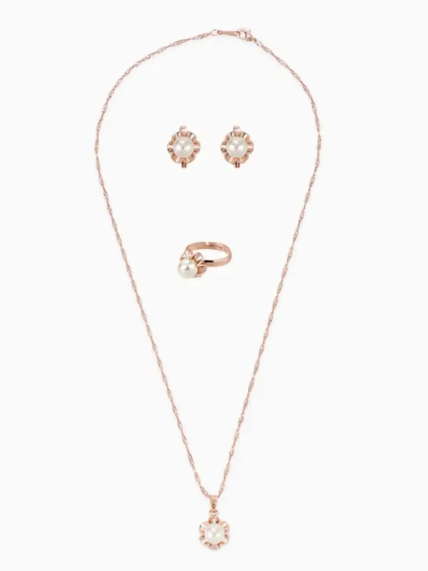 Гарнитур 3 предмета: серьги, кулон, кольцо безразмерное &laquo;Эдель&raquo;, с жемчугом цветок, белые в золоте, 45 см