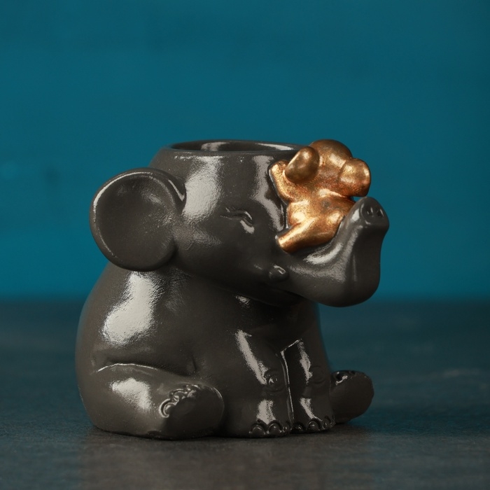 Фигурное кашпо "Слониха и слоненок" серый с бронзой, 8см