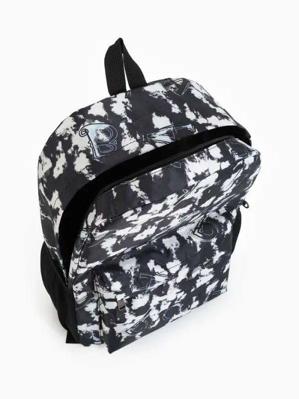 Рюкзак школьный на молнии, с карманами, с принтом, размер 30&times;13&times;42 см, чёрный/белый